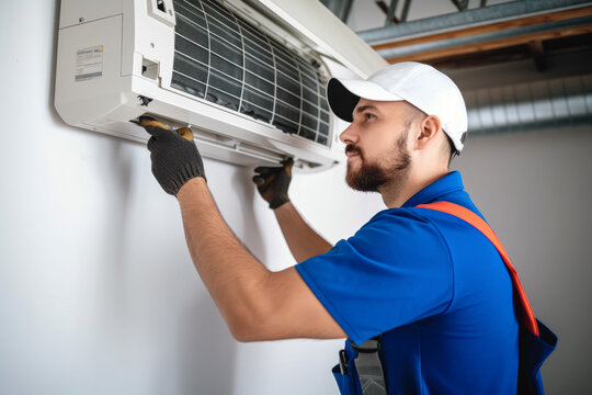 Air conditioning technician servicing a wall-mounted AC unit in Maricopa, AZ