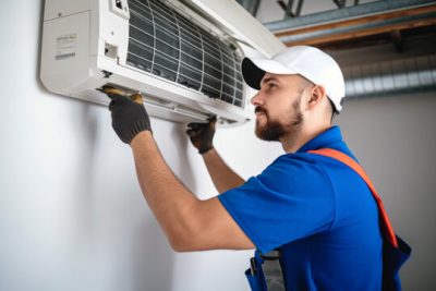 Air conditioning technician servicing a wall-mounted AC unit in Maricopa, AZ