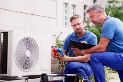 HVAC technicians reviewing an outdoor air conditioning unit in Maricopa, AZ